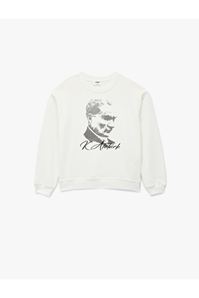 Koton Atatürk bedrucktes Langarm-Sweatshirt aus Baumwolle mit Rundhalsausschnitt