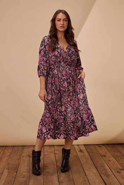 Stil Diva Büyük Beden Beli Lastikli V Yaka Desenli Uzun Anvelop Elbise 616311