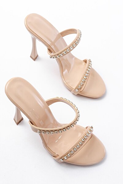 Budi A-50 Women's Beige Patent Leather Stone Platform Heeled Slippers