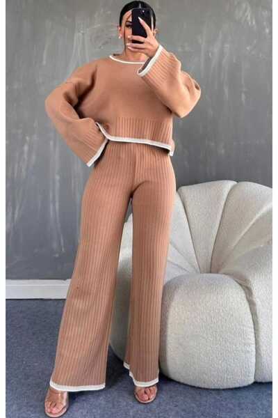 Cemre Life Brown Women's Knitwear Two-Piece Set – Crop Top & High-Waisted Pants