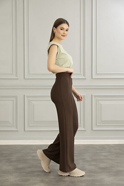 Alos Women's Brown Modal Wide Leg Striped High Waist Soft Textured Elastic Waist Lycra Pants