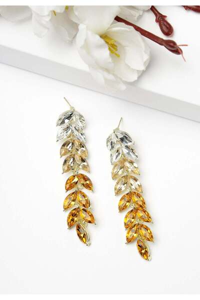 Avant-Garde Paris Long Drop Earrings With Sparkling Yellow Leaves