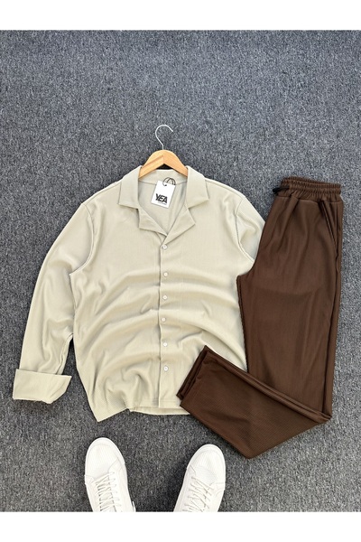 tetramoda Ottoman Corduroy Fabric Regular Fit Men's Long Sleeve Shirt and Pants Set 2-Piece Set