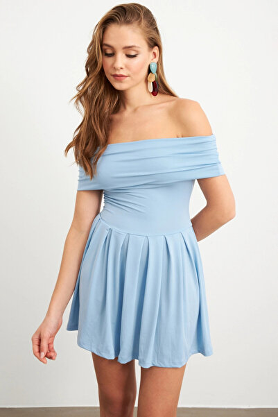 Cool & Sexy Rochie midi de damă albastră cu guler Madonna MON1262-1