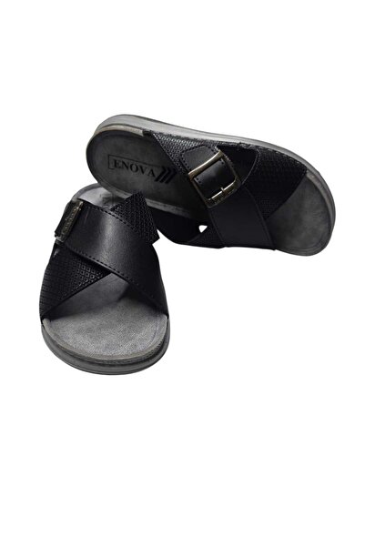 Enova Men's Faux Print Leather Orthopedic Comfortable Sole Cross Strap Buckle Slippers