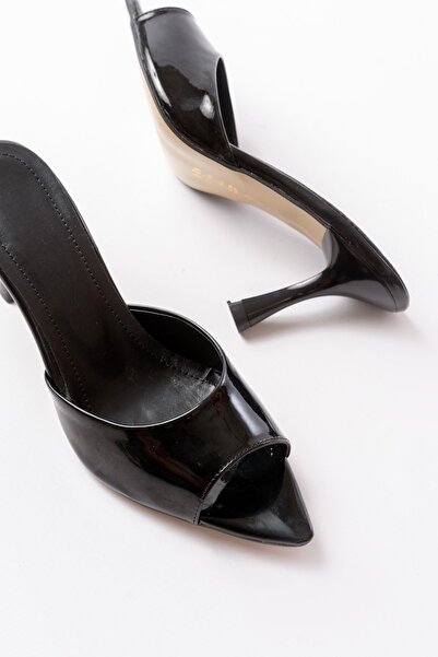 Budi 716 Black Patent Leather Pointed Toe Heeled Women's Slippers