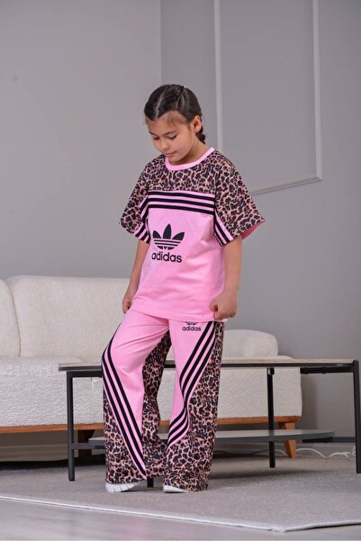 CANSU BUTİK Girl's Pink Leopard Printed Double Suit (4-F)