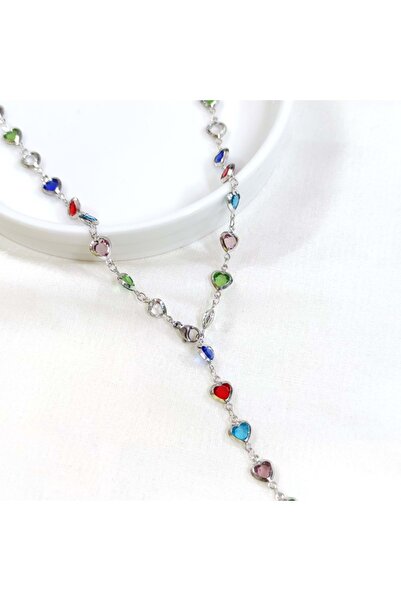 Güler Yüzlü Silver Steel Color Heart Y Necklace Chain Gold 70 cm - White