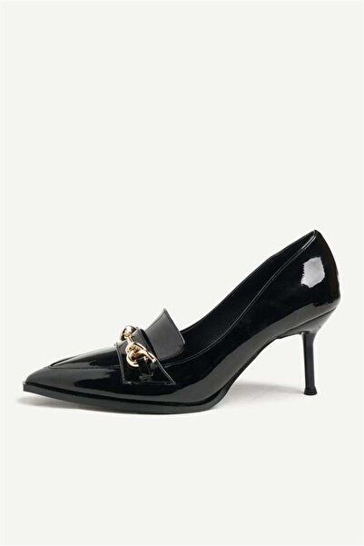 Majensia 255003 حذاء بكعب بإبزيم ذهبي جلد أسود لامع