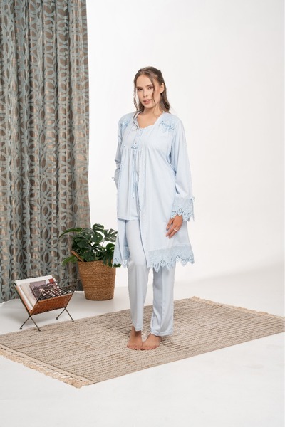 Lohusa Homewear Kadın Mavi Kışlık Özel Tasarım Hamile Lohusa Sabahlık Pijama Takımı Seti