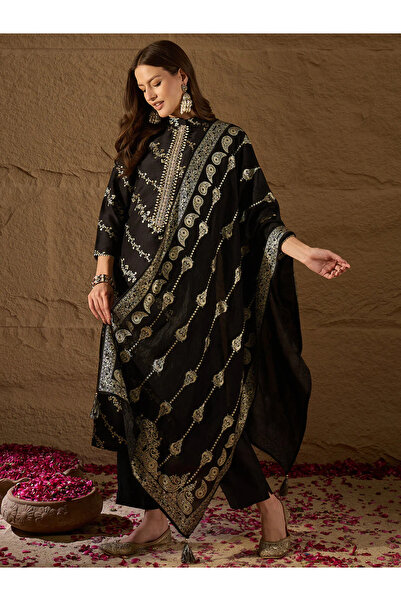 ZERE طقم كورتا من 3 قطع مطبوع زهور من مزيج الحرير الأسود