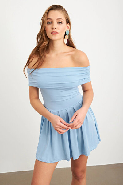 Cool & Sexy Rochie midi de damă albastră cu guler Madonna MON1262-1