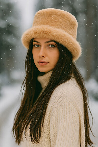 Neşeli Butik قبعة نسائية من القطيفة بلون الجمل NBAKS001