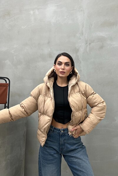 spirituel Dámský krátký péřový kabát s kapucí a kapsami