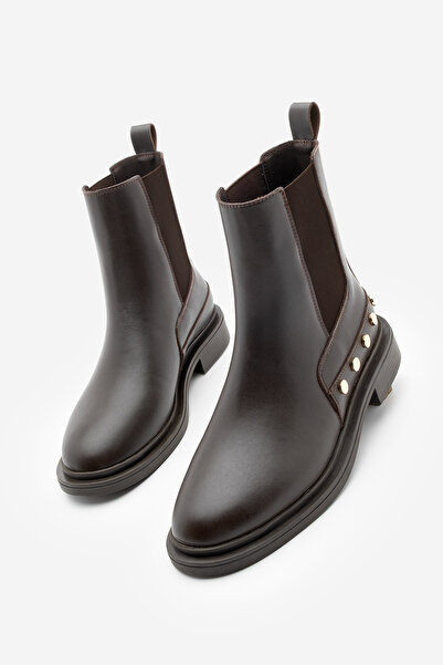 Marjin Women's Gold Studded Detailed Double Elastic Daily Boots Pamer Brown