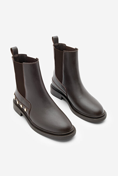 Marjin Women's Gold Studded Detailed Double Elastic Daily Boots Pamer Brown