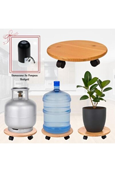 MAVİ TREND Yuvarlak Ahşap Damacana Saksı Altlığı Tüp Saksı Sehpası Otomatik D...