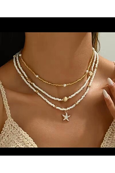 Arescollection 3 lü deniz yıldızlı gold istiridye detaylı kadın kolye