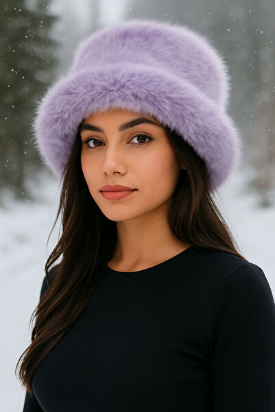 Neşeli Butik Kadın Lila Peluş Kalpak Şapka Nbaks001
