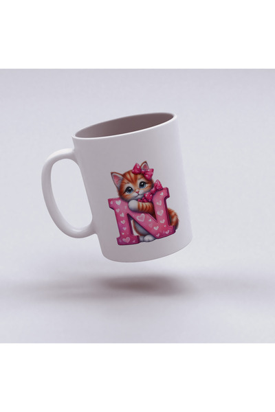 Kupa كوب بحرف N، كوب بتصميم قطة وردية لطيفة، هدية للأصدقاء والعائلة من البورسلين