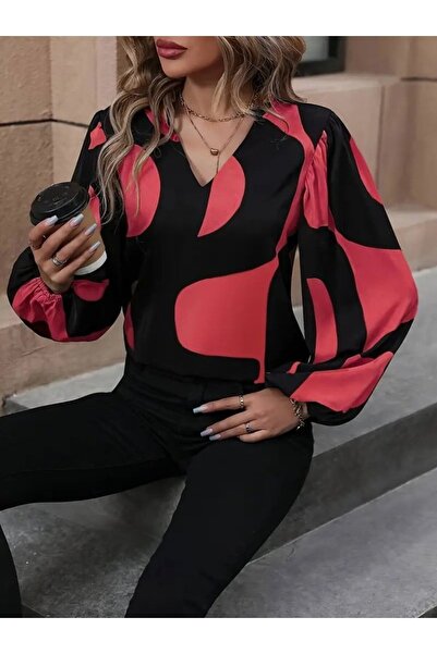 Meleners Women's Long Sleeve V-Neck Patterned Modal Blouse