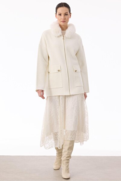 Tığ Triko Yakası Kürklü Hırka EKRU