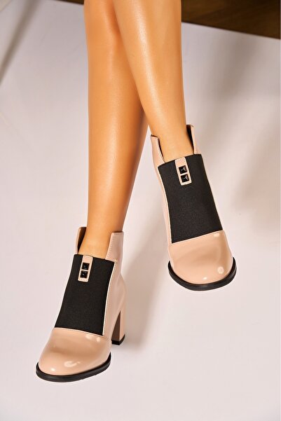 Joana Γυναικεία μπεζ μποτάκια με τακούνι από τεχνητό δέρμα