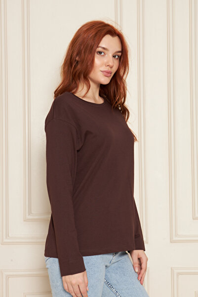 Tight Lady Brown 100% Cotton Soft Textured Regular Fit Relaxed Cut Long Sleeve Crew Neck Combed Cotton T-Shirt