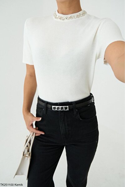 CADDELAMODA Pulover cu mânecă scurtă pentru femei, cu detaliu de piatră la guler