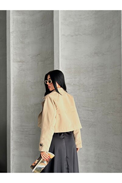 ParlaMira Women's Beige Crop 100% Cotton Gabardine Windbreaker Detailed Buttoned Lined Premium Trench Coat