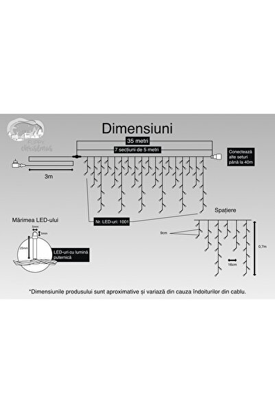 Flippy Instalație luminoasă de Crăciun, 35 m, 1001 LED-uri, franjură, alb cald, bliț, transformator, extensibilă, 3