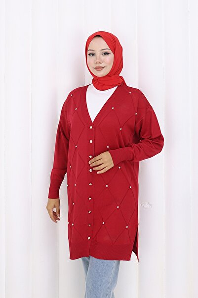 benguen Stone Baklava Patterned Long Cardigan N3246 Red