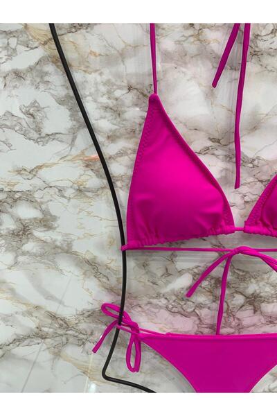 Genel Markalar Kadın Fuşya Likralı String Yandan Ve Boyundan Bağlama İpli Tanga Bikini Takım