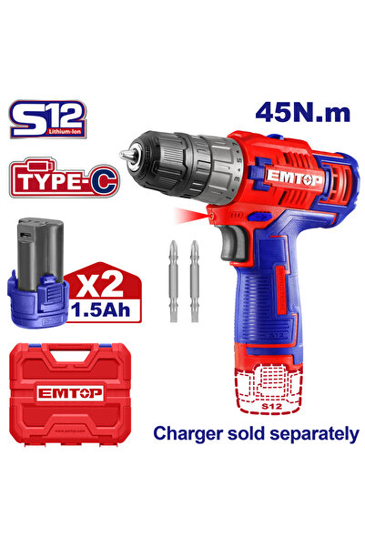EMTOP Drill and screwdriver with 2 1.5Ah batteries, charging via type C cable...