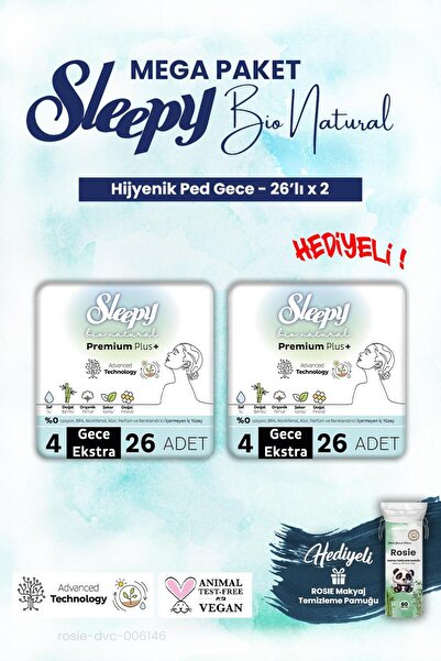 Sleepy 2 adet Mega Paket Gece 26'lı Bio Natural Hijyenik Ped ve ROSIE makyaj ...
