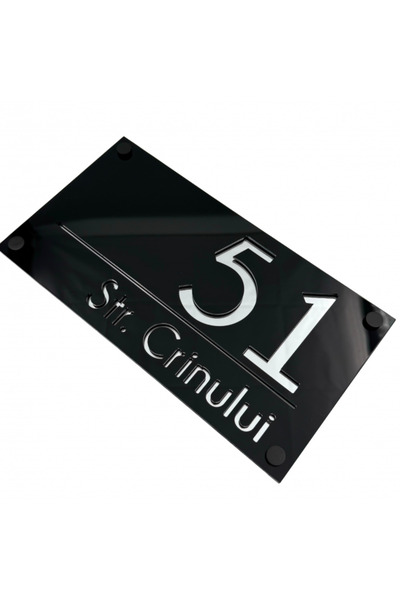 VİP Collection NUMAR CASA PREMIUM - Negru lucios / Oglindă argintie / 4 distanțiere negre - 28x15cm