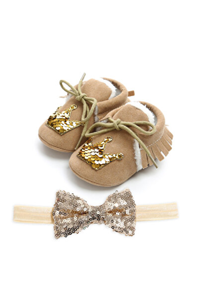 Superbaby Brown fur-lined shoes with matching headband