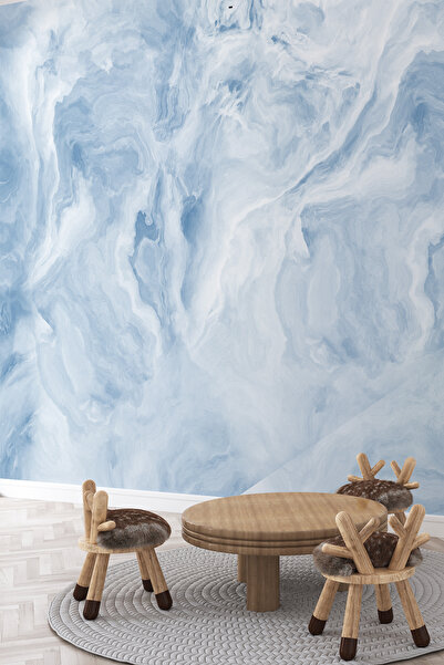 dreamwall Bulut Efektli Soyut Mermer Görünümlü Mavi Tonlu Tekstil Duvar Kağıdı