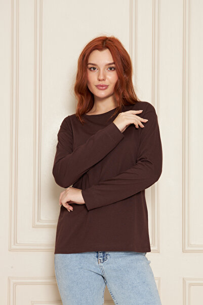 Tight Lady Καφέ 100% βαμβακερό μπλουζάκι με μαλακή υφή κανονικής εφαρμογής, άνετο κομμένο μακρυμάνικο μπλουζάκι με λαιμόκοψη ποδηλατικό, χτενισμένο βαμβακερό