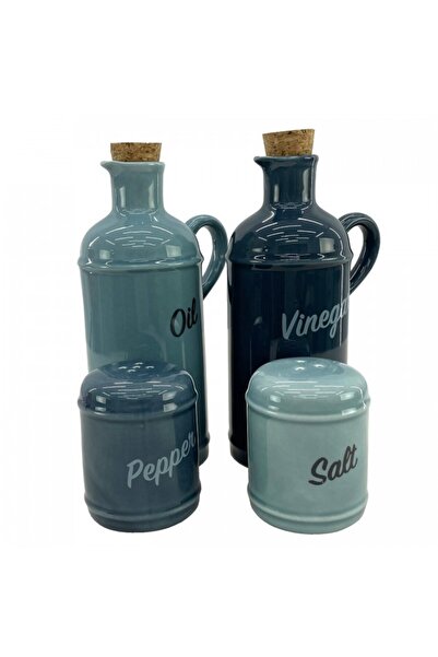 Culinaro Oliviera HELLA BLUE, 4 piese din portelan, sticle ulei si otet 400ml, solnita si pipernita