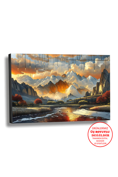 Harika bir ev KANVAS-DUVAR-SALON TABLOSU YAĞLI BOYA EFEKTLİ MANZARA IŞIKLI DA...