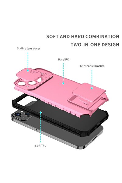 Flippy Defender Case with Stand for iPhone 13 Pro, Pink, Adjustable, Shockproof, Sliding Camera Cover (Flip
