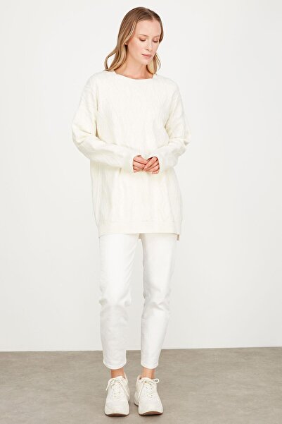 Tığ Triko Kapartma Desenli Triko Tunik EKRU