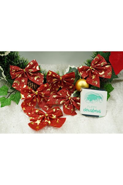 Flippy Set of 6 Christmas tree bows, Red, with stars, 8 x 8 cm, made of polyester,