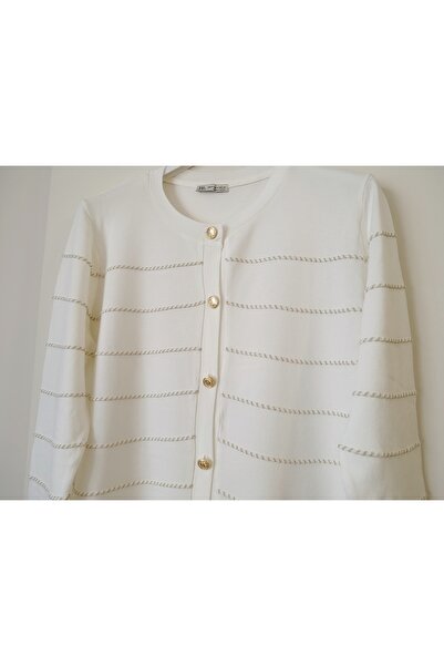 Butik Şans Gold Glitter Trim Button Closure Knit Cardigan