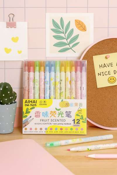 NaSaDAN 12’li Meyve Kokulu Çift Uçlu Fosforlu Kalem Seti – Pastel Renkler