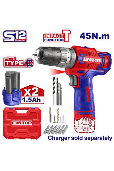 EMTOP Mașină de găurit cu impact și șurubelniță, cu 2 baterii de 1,5 Ah, încărcare prin cablu de tip C, 45 Nm, 50 de accesorii