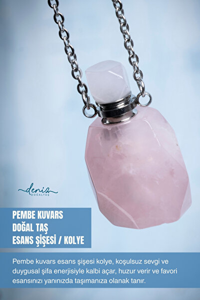 Deniz Doğal Taş Certified Pink Quartz Natural Stone Essence Bottle / Pendant