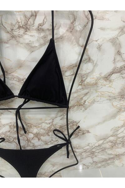 VAJESTO Kadın Siyah Likralı String Yandan Ve Boyundan Bağlama İpli Tanga Bikini Takım