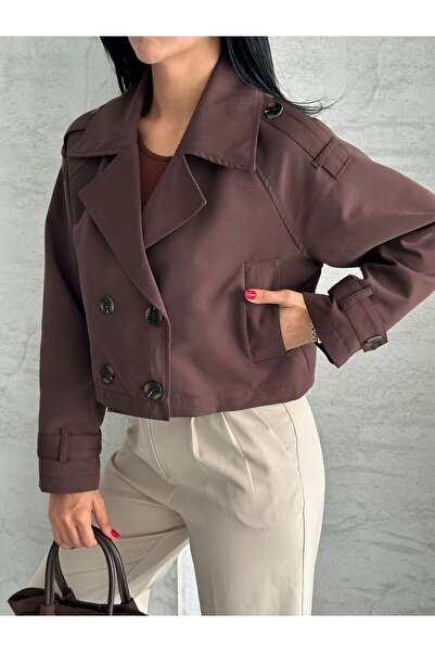 ParlaMira Kadın Acı Kahve Crop %100 Pamuk Gabardin Rüzgarlık Detaylı Düğmeli Astarlı Premium Trençkot
